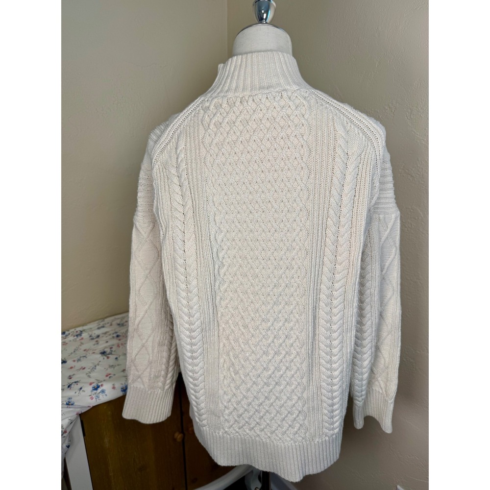J.Crew Womens Ivory Cotton Cable Knit Fisherman Sweater Mock Neck BD709 Size M - Picture 3 of 7